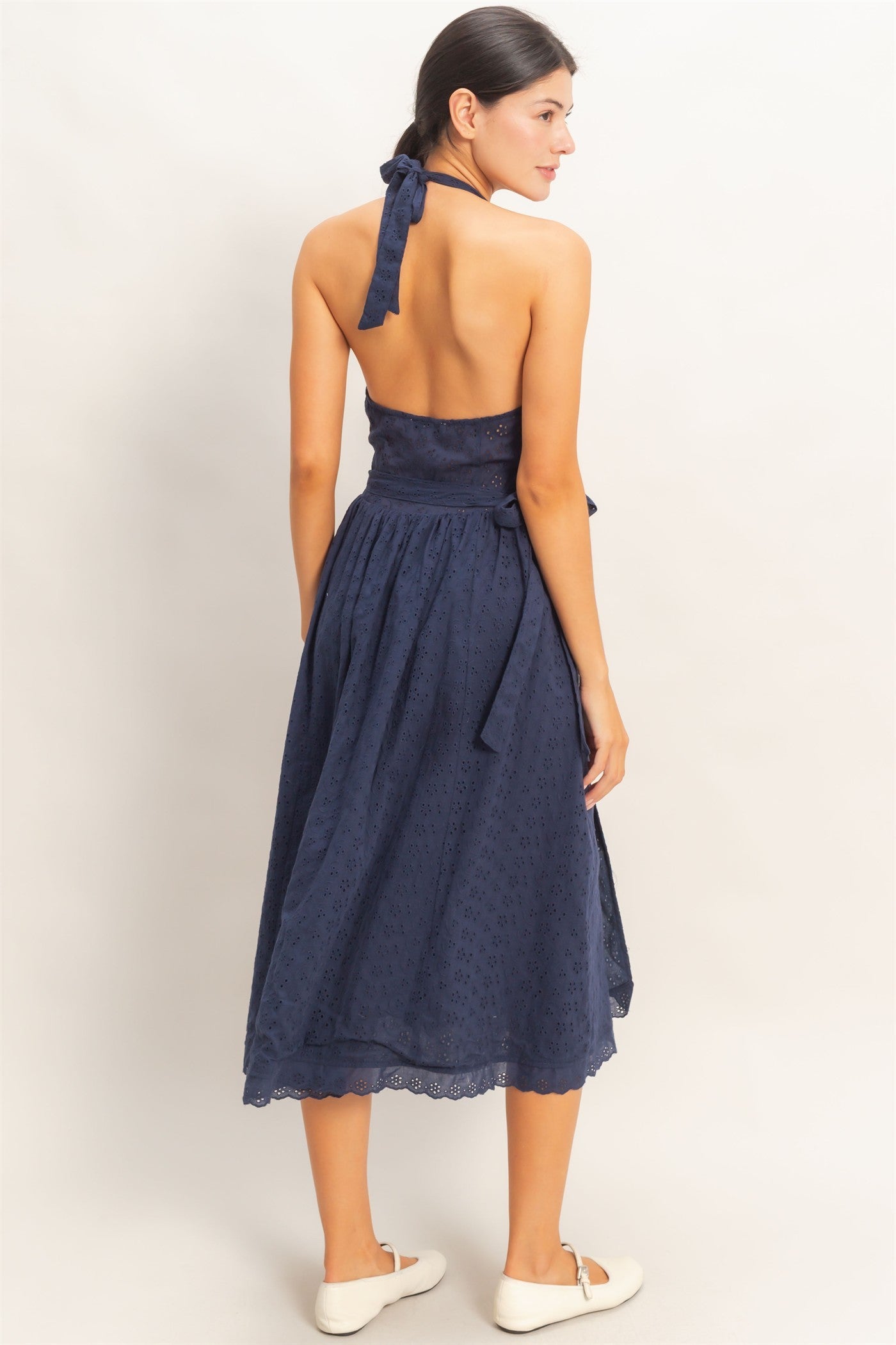 Eyelet Lace Navy Halter Neck Midi Dress