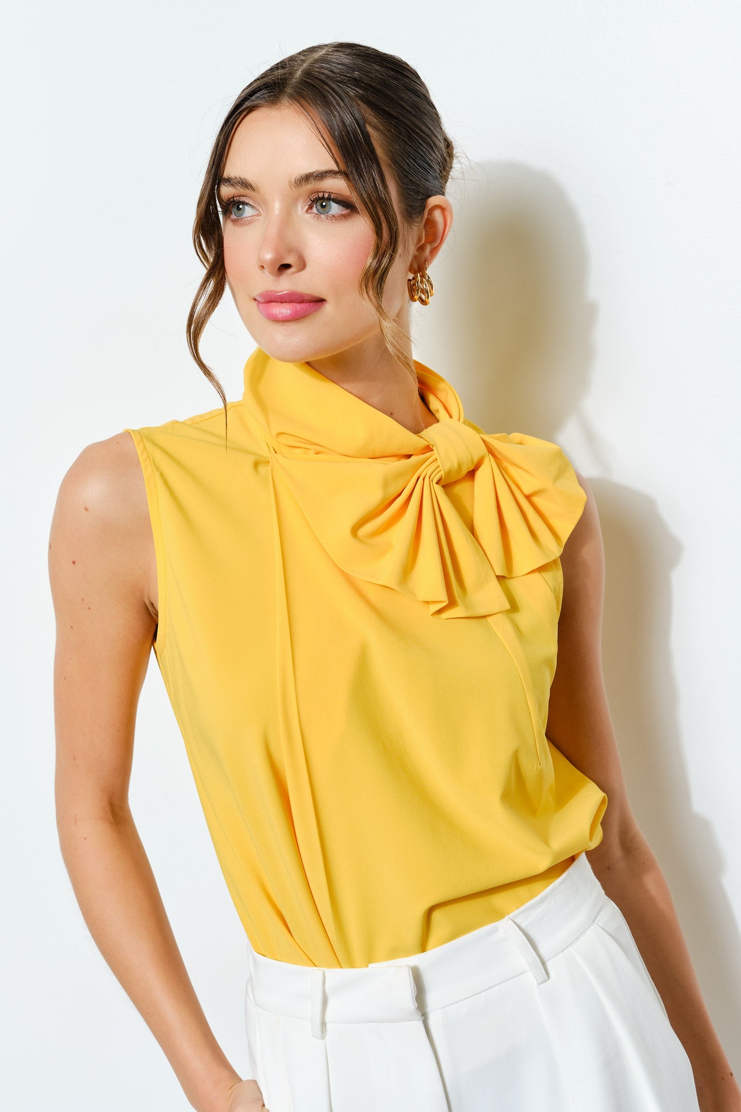 Yellow High Bow Sleeveless Blouse