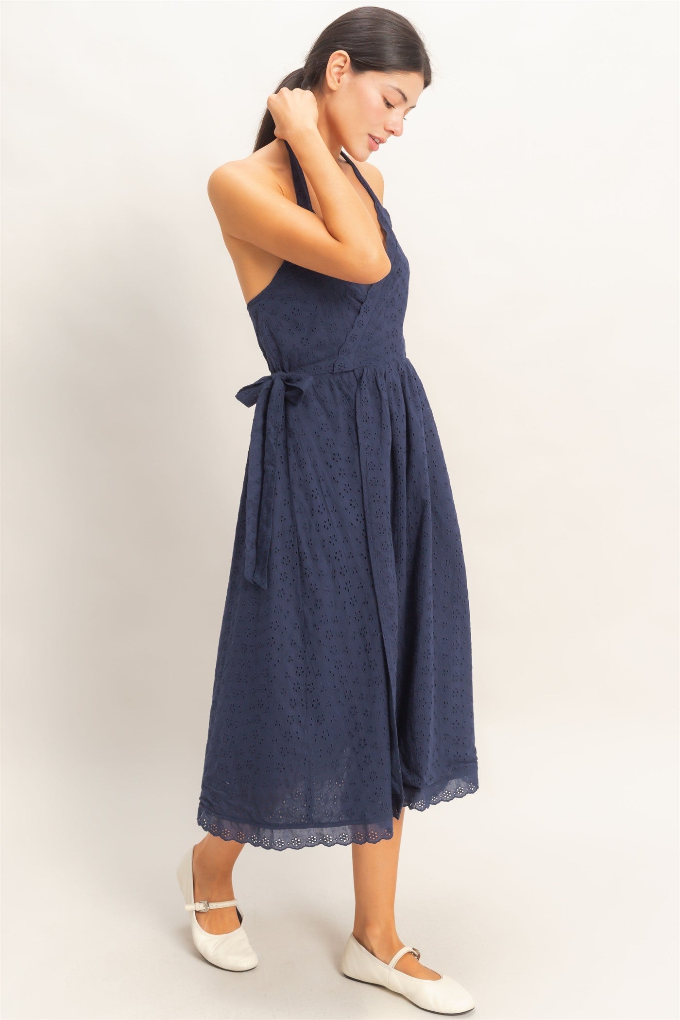 Eyelet Lace Navy Halter Neck Midi Dress
