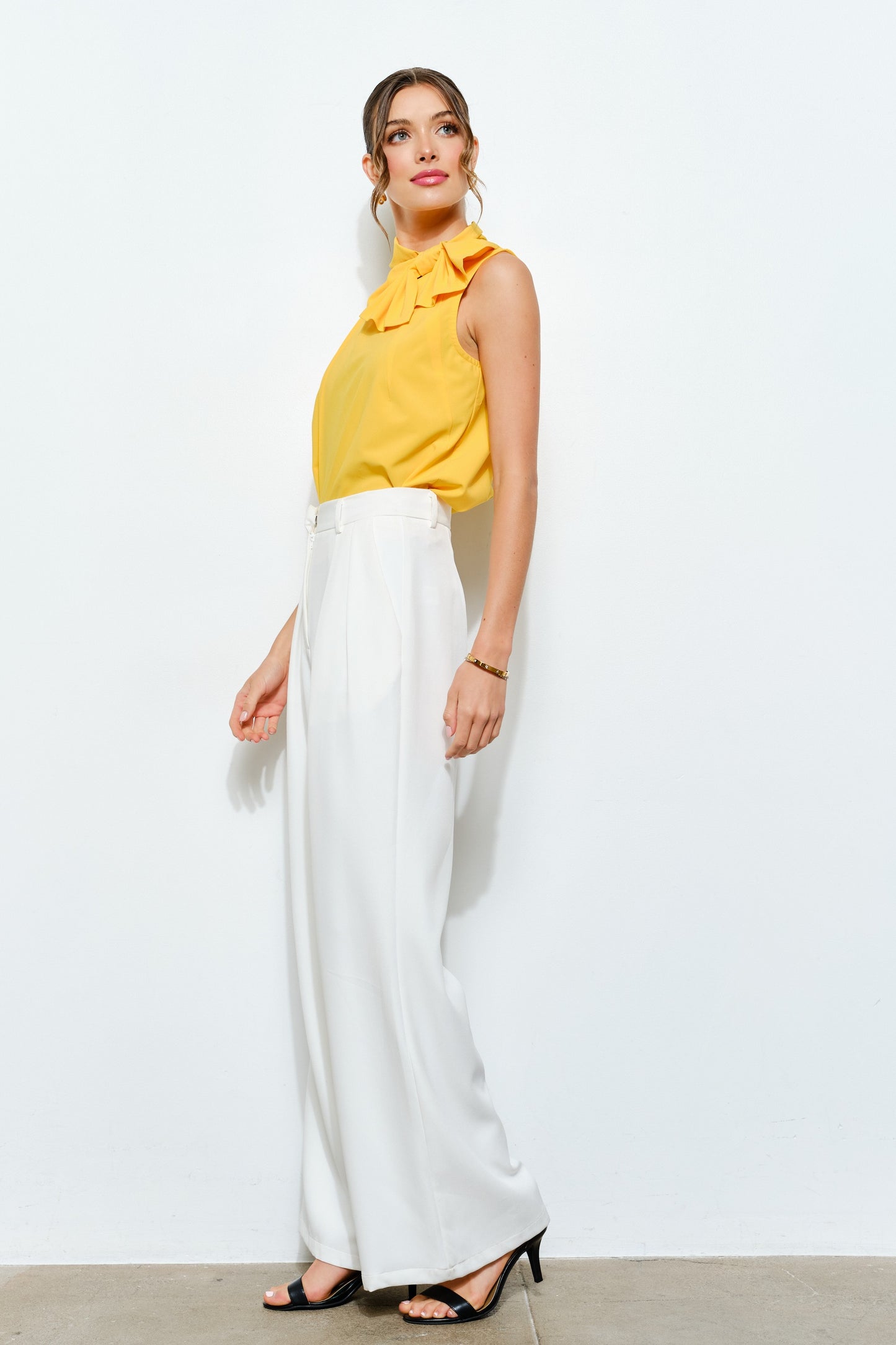 Yellow High Bow Sleeveless Blouse