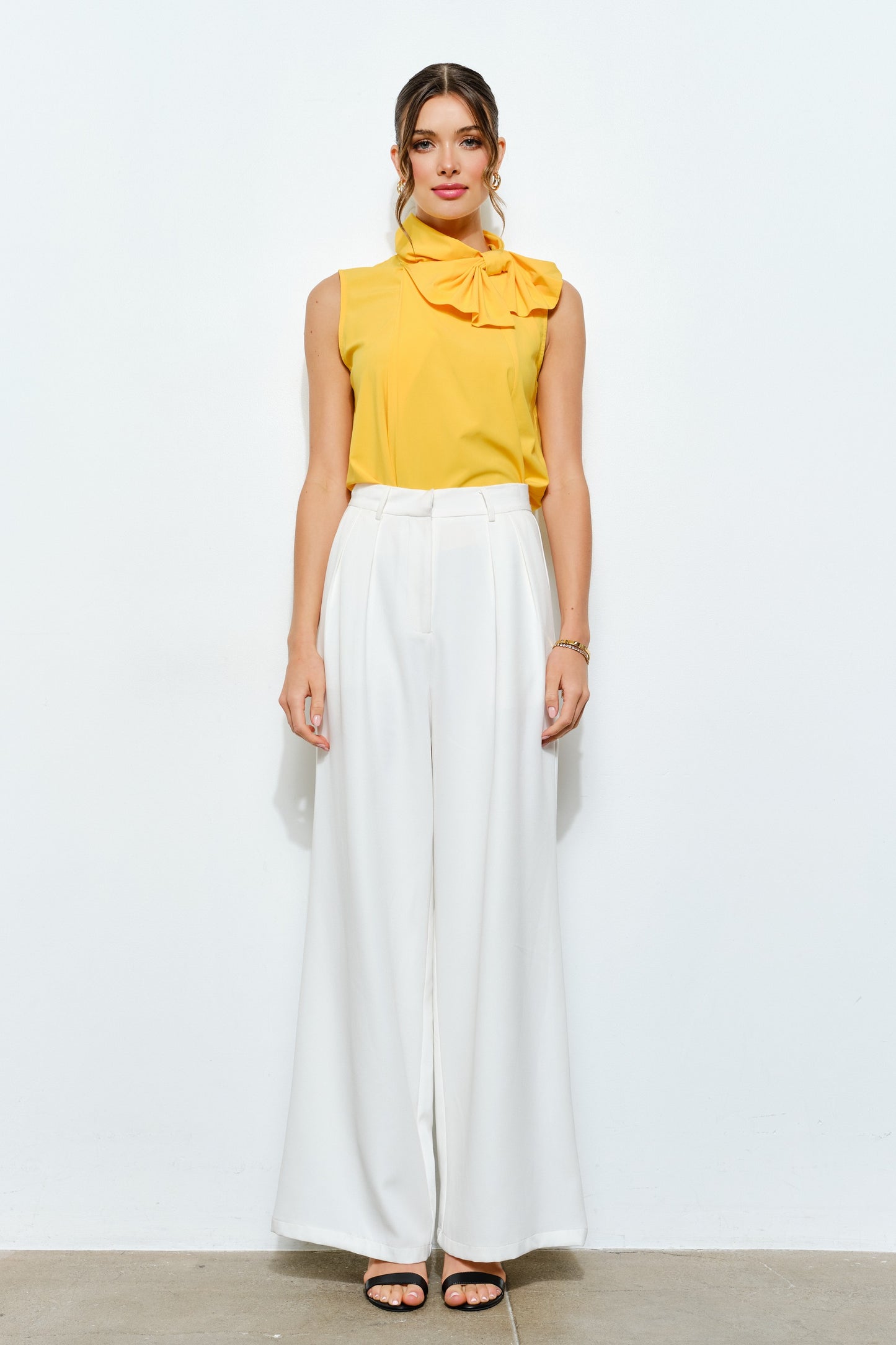 Yellow High Bow Sleeveless Blouse