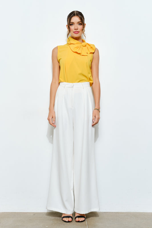 Yellow High Bow Sleeveless Blouse