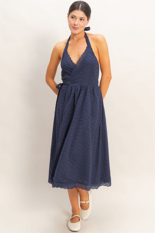Eyelet Lace Navy Halter Neck Midi Dress