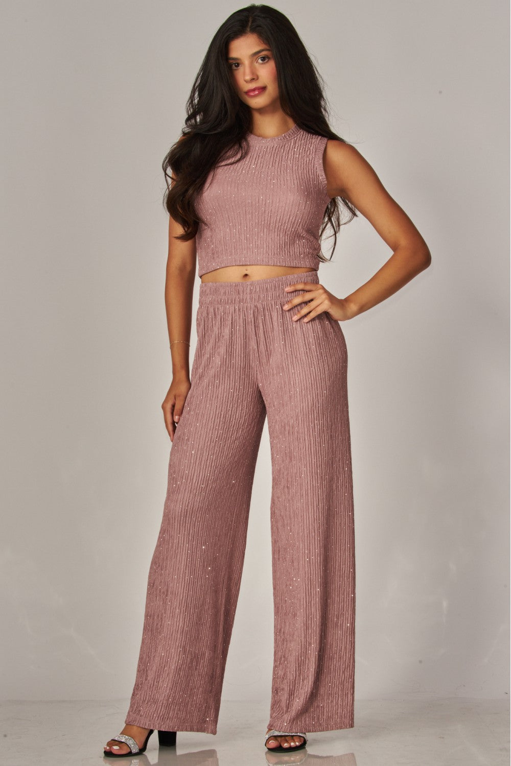 CRINKLES & CRYSTALS RHINESTONE LEISURE SET IN MAUVE