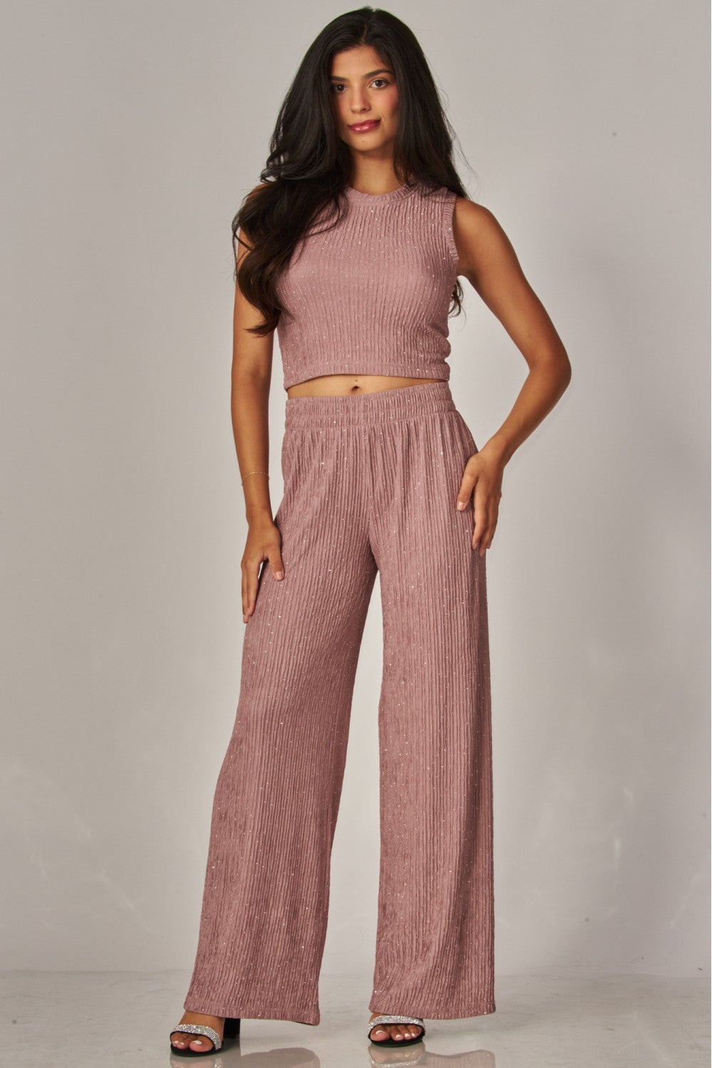 CRINKLES & CRYSTALS RHINESTONE LEISURE SET IN MAUVE