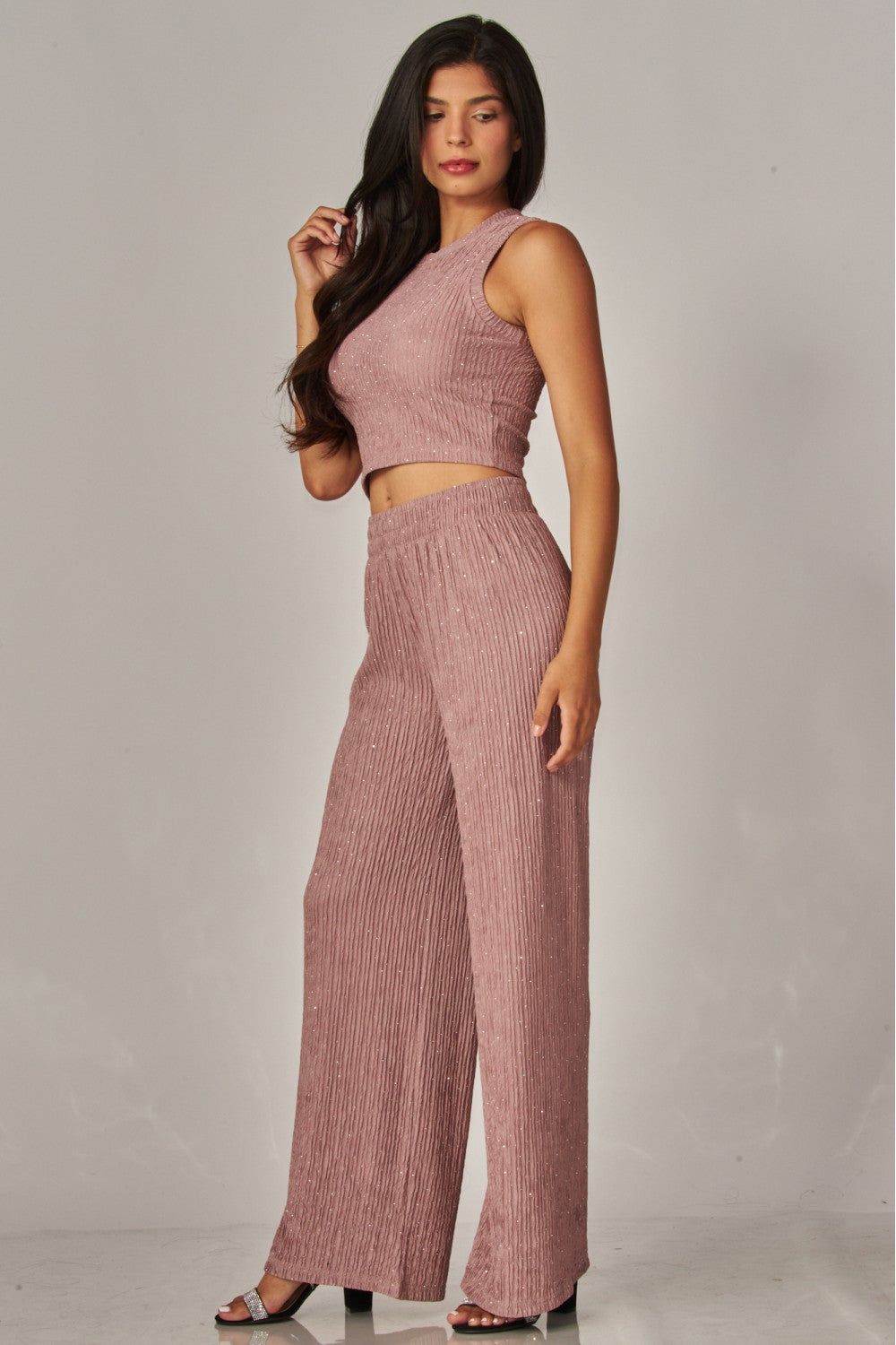 CRINKLES & CRYSTALS RHINESTONE LEISURE SET IN MAUVE