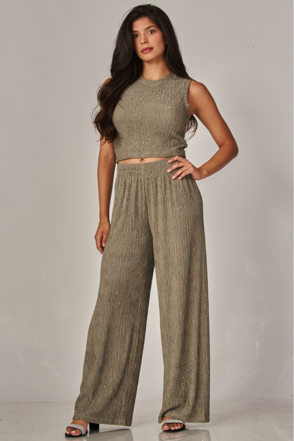 CRINKLES & CRYSTALS RHINESTONE LEISURE SET IN OLIVE