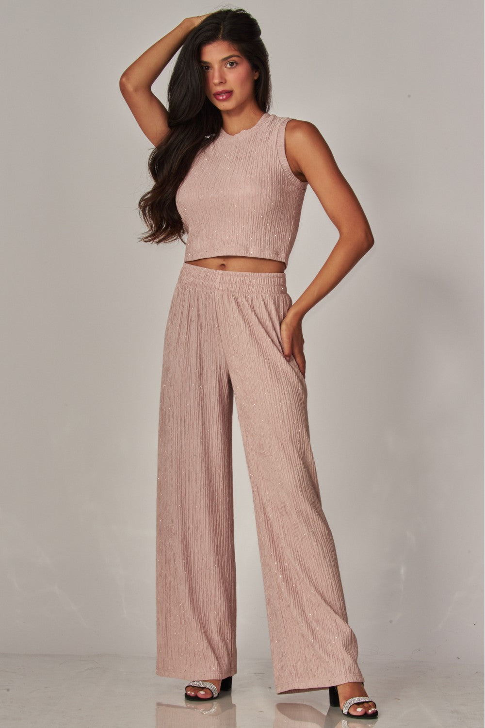 CRINKLES & CRYSTALS RHINESTONE LEISURE SET IN NUDE