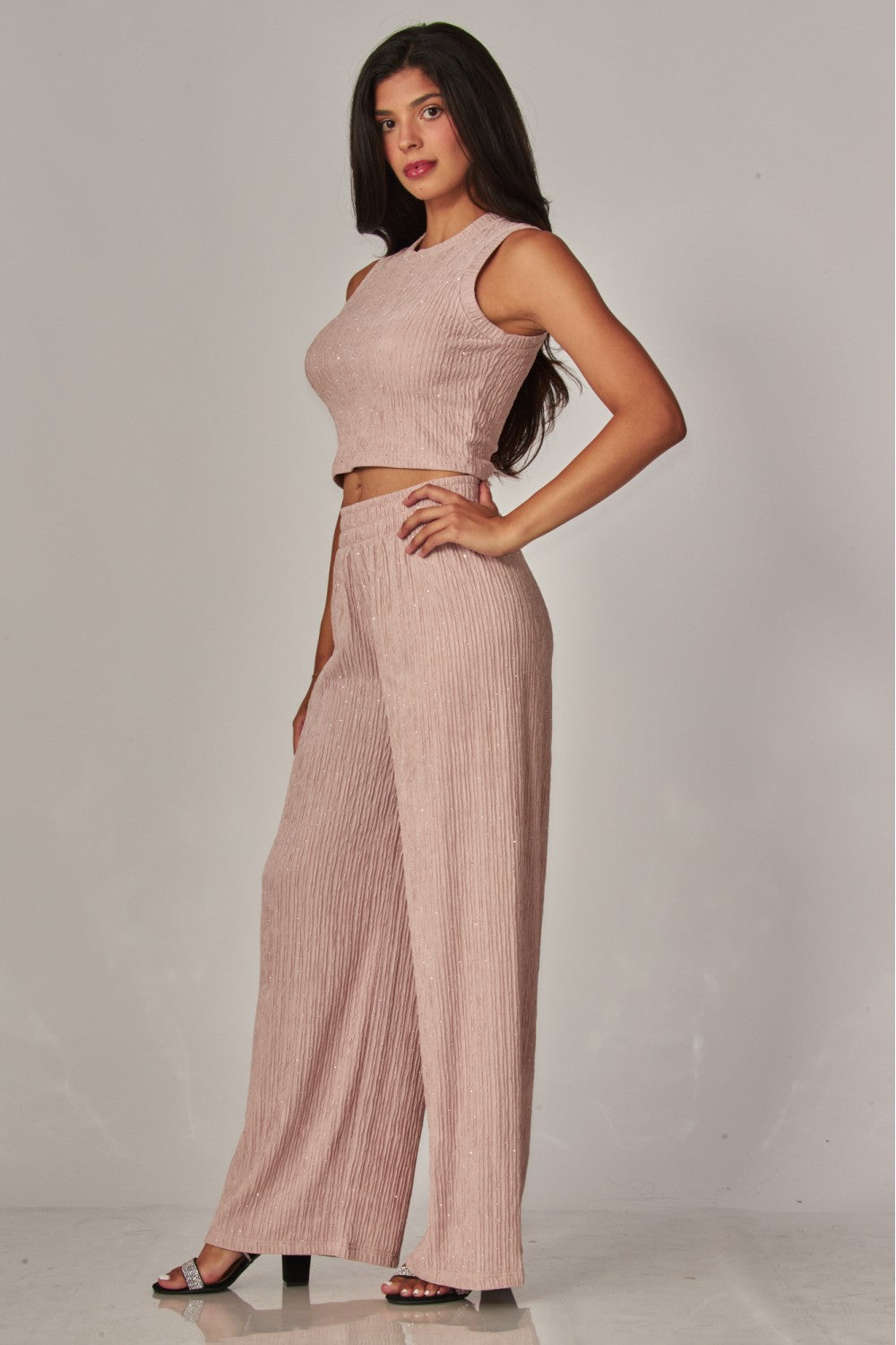 CRINKLES & CRYSTALS RHINESTONE LEISURE SET IN NUDE