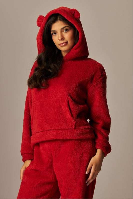 READY FOR TEDDY FLEECE HOODIE PAJAMA SET IN RED