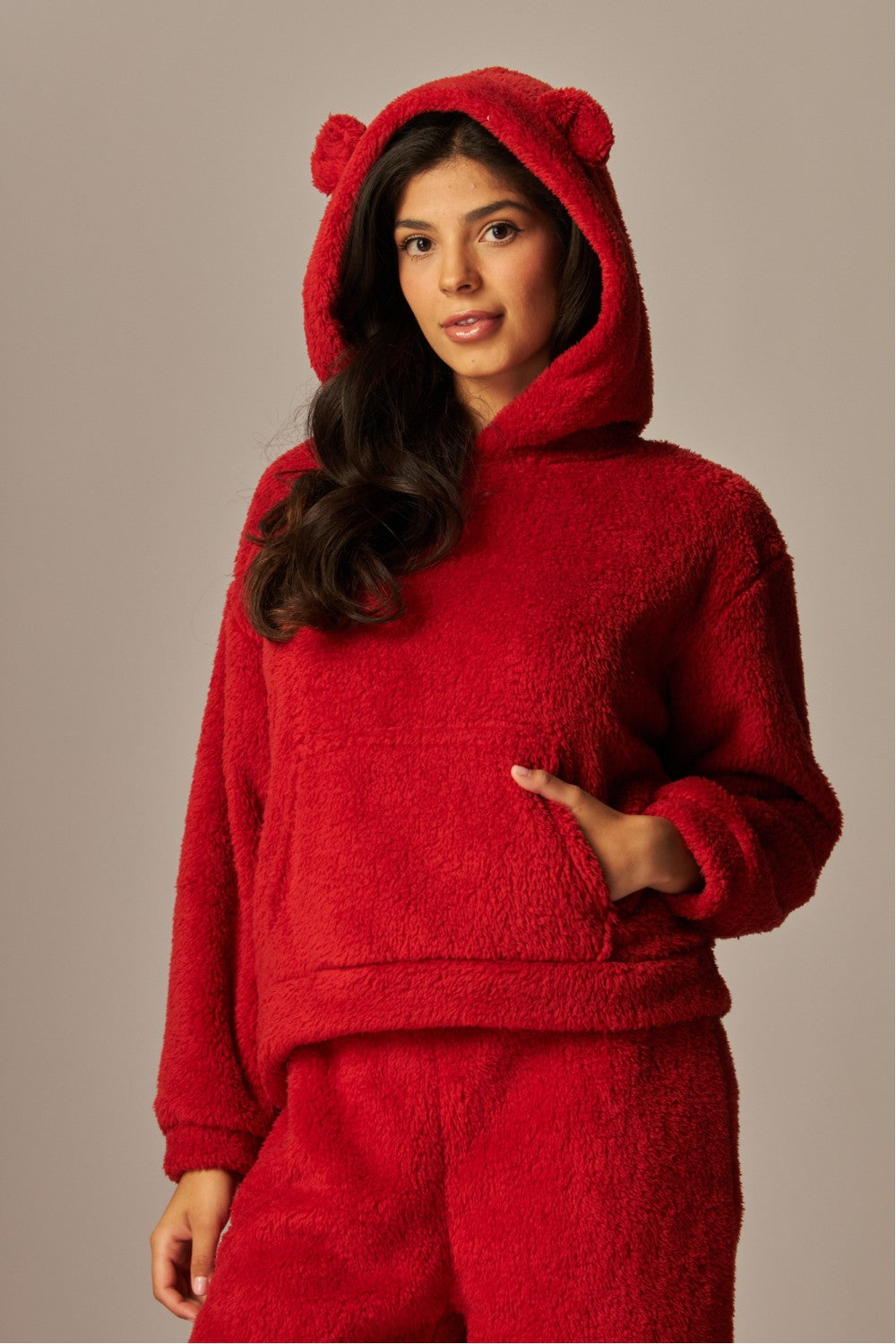 READY FOR TEDDY FLEECE HOODIE PAJAMA SET IN RED