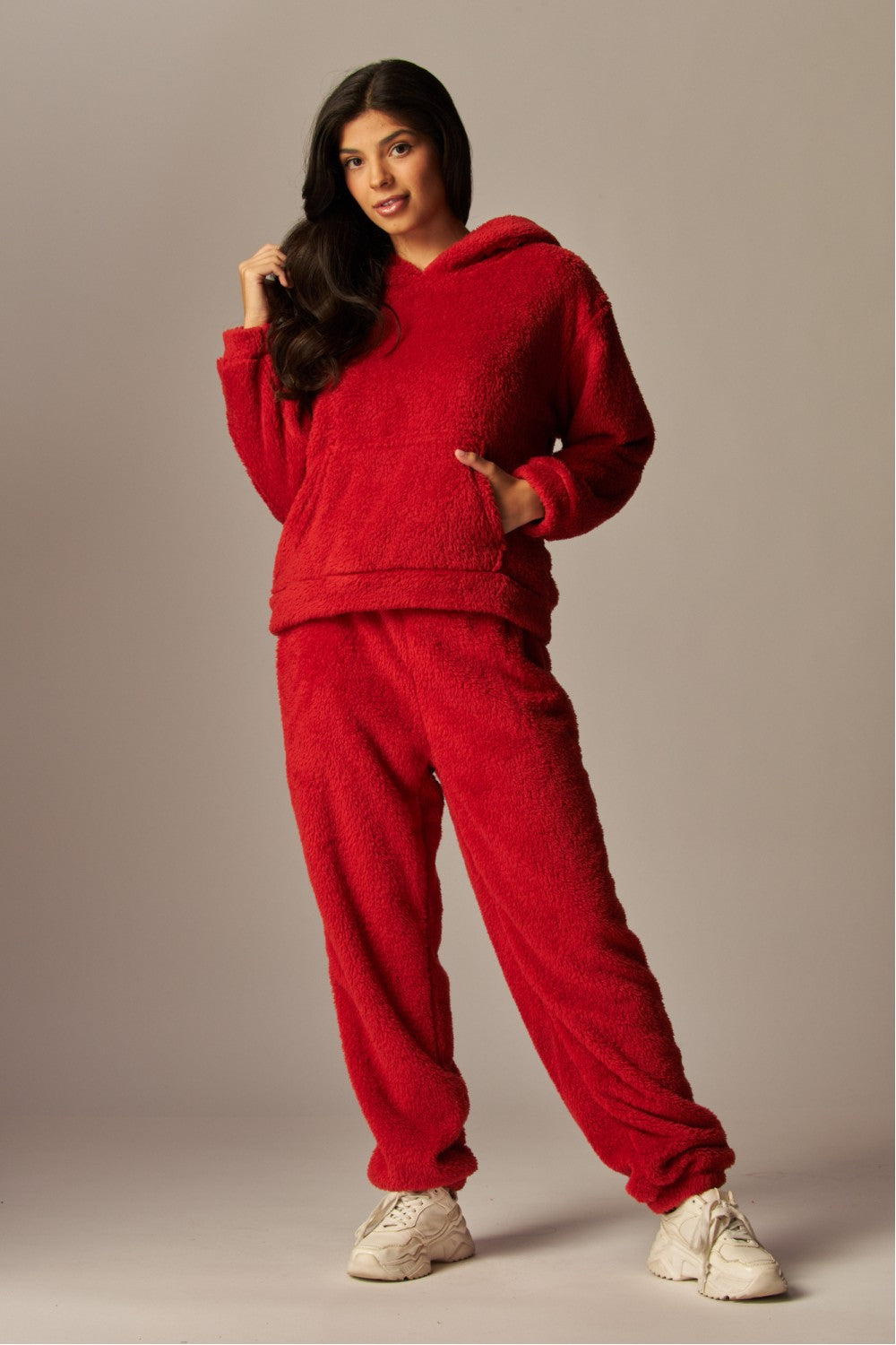 READY FOR TEDDY FLEECE HOODIE PAJAMA SET IN RED
