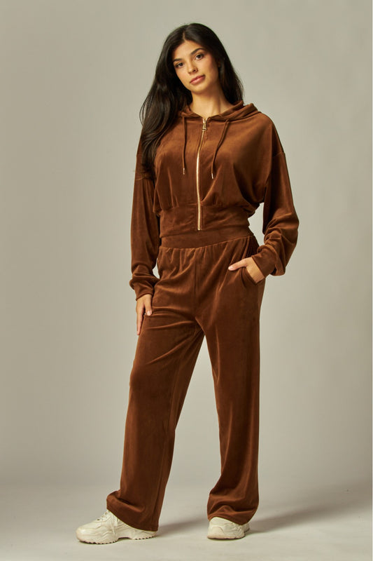 WEEKEND WARRIOR VELOUR JOGGER SET IN BROWN