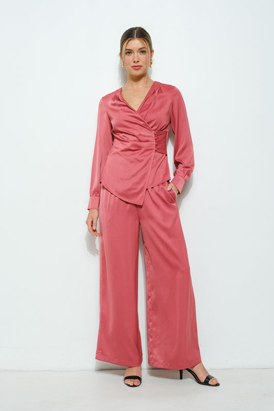 It's A Wrap Side Button Coral Blouse