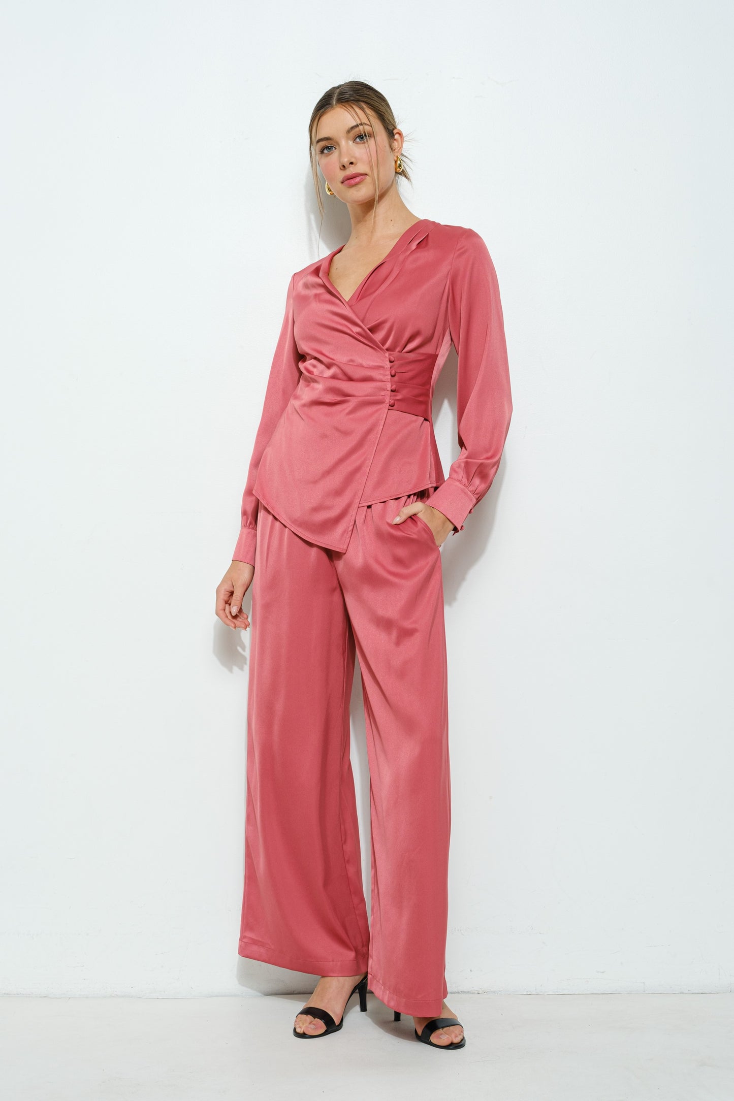 It's A Wrap Side Button Coral Blouse