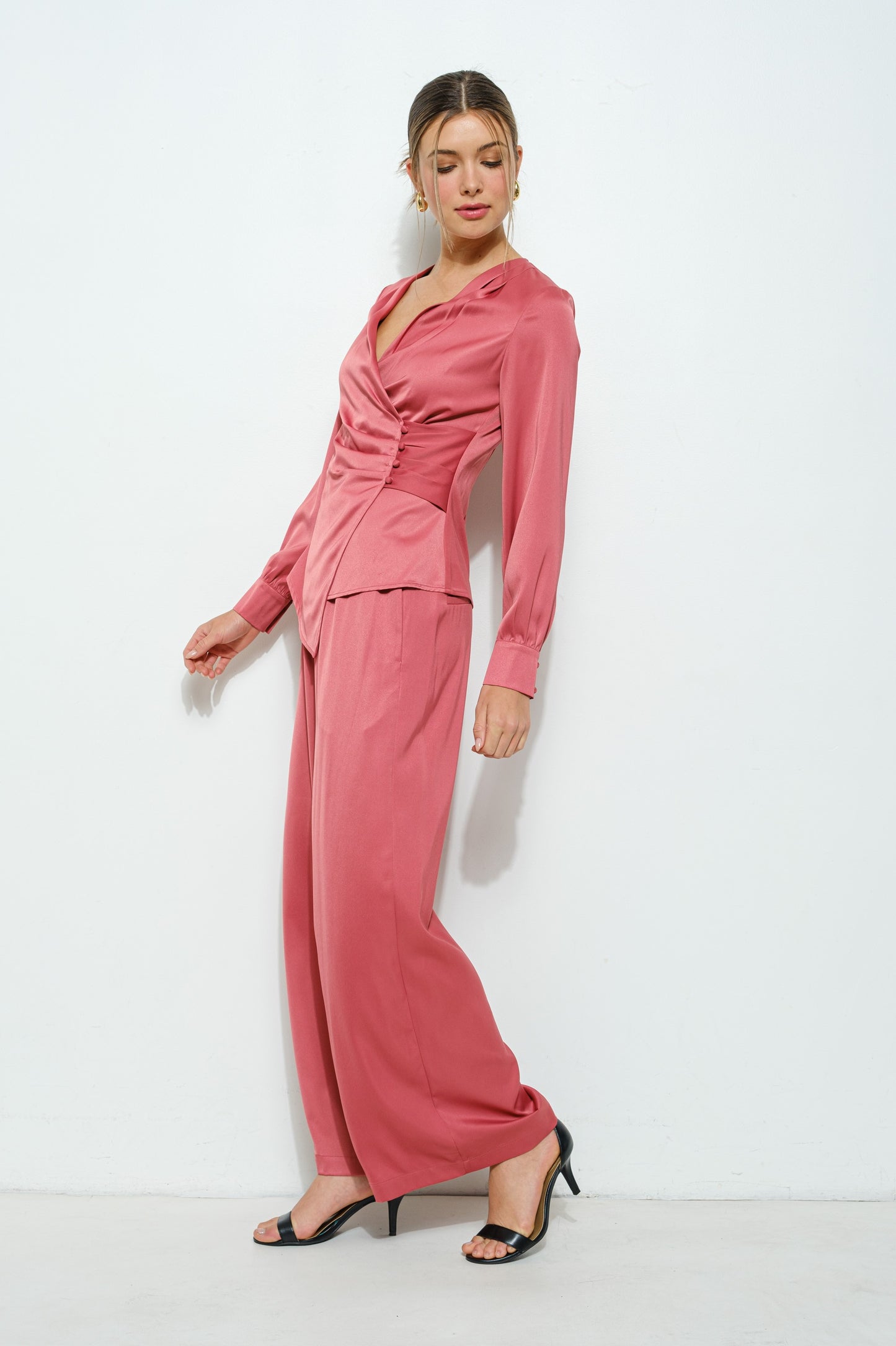 It's A Wrap Side Button Coral Blouse