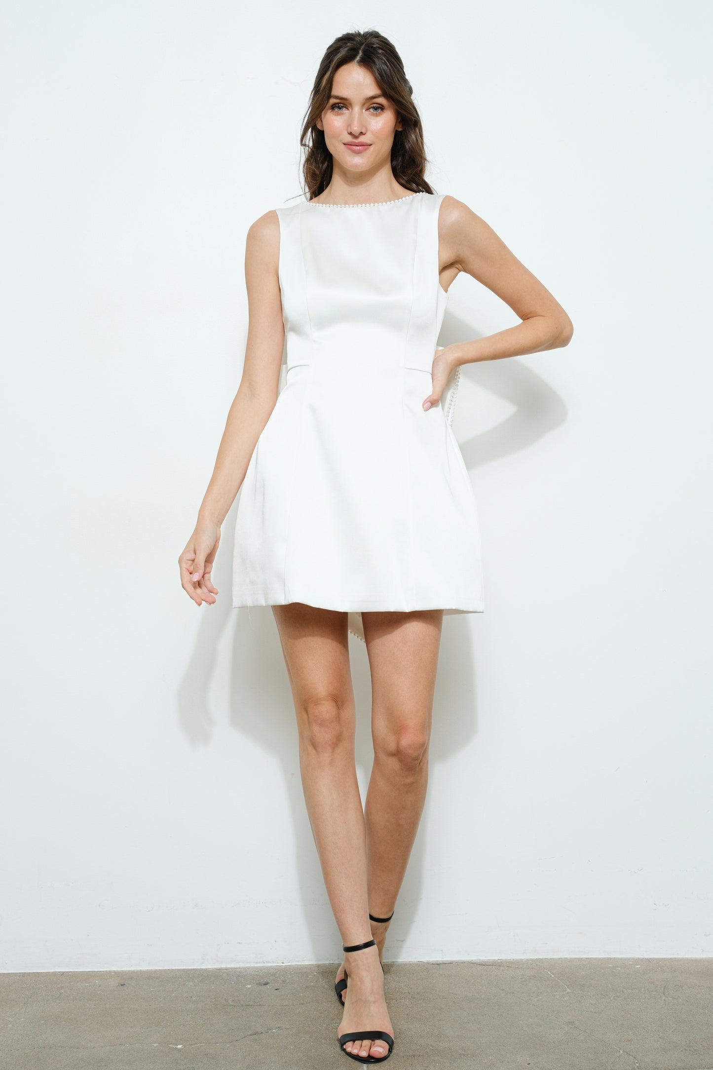 White Pearl Bodice Bow Back Mini Dress