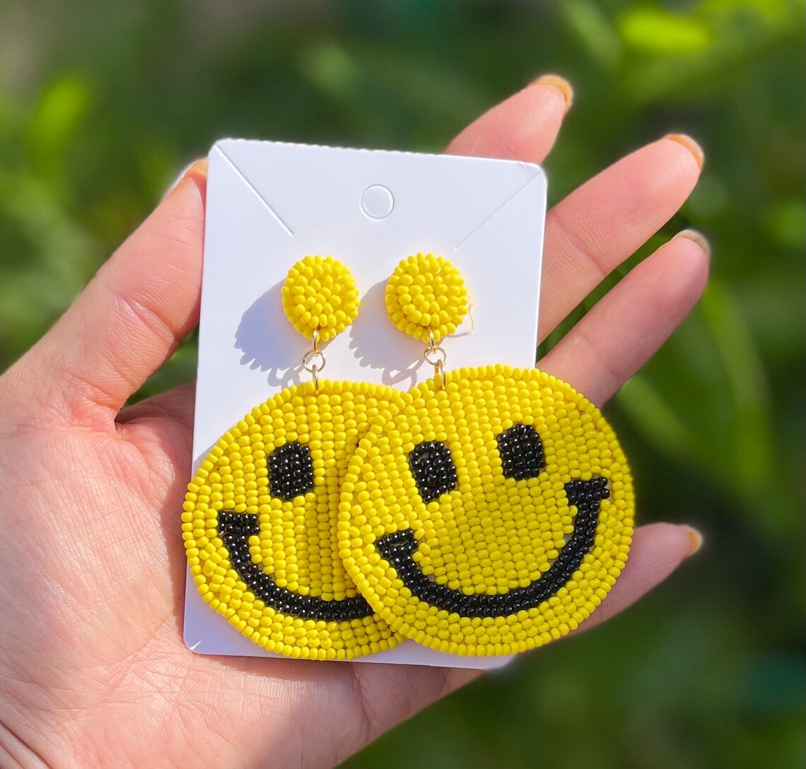 Smiley Face Emoji Yellow Seed Beaded Earrings