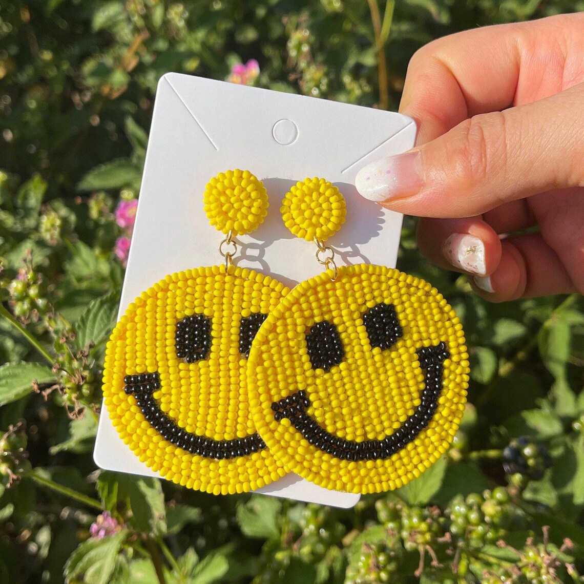 Smiley Face Emoji Yellow Seed Beaded Earrings