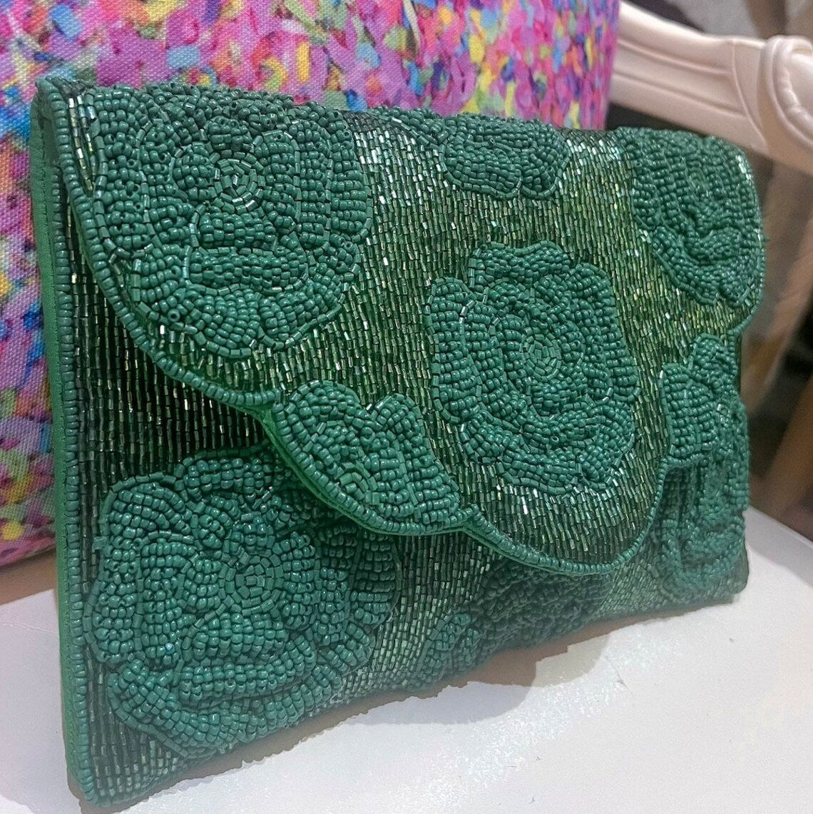 Green Rose Beaded Clutch Crossbody Handbag