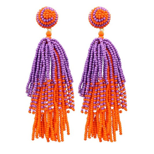 Clemson Team Colors Orange Purple Beaded Tassel Earrings
