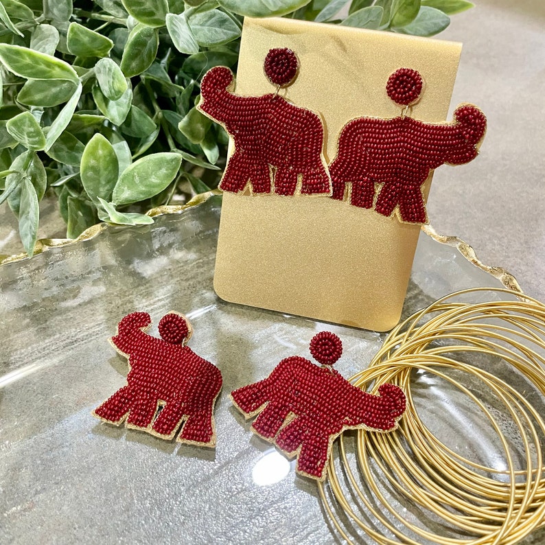 University Alabama Football Beaded Elephant Crimson Earrings