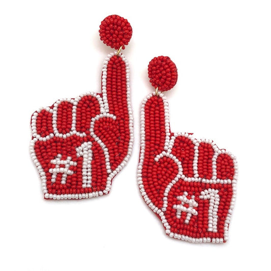 Football Sports Team No 1 Fan Red White Beaded Earrings