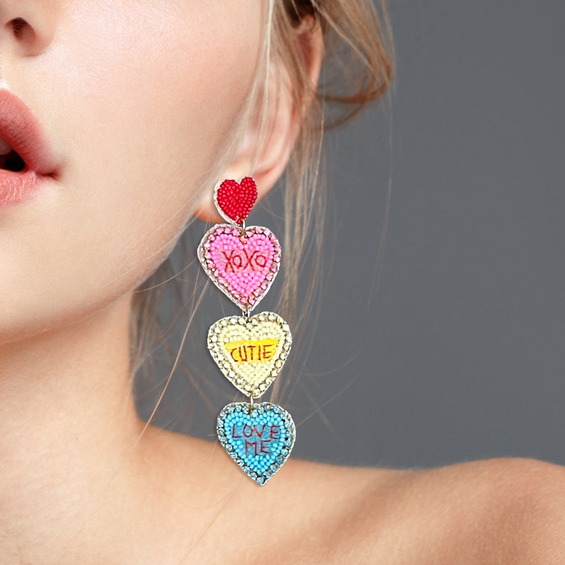 Beaded Rhinestone Valentine Candy Heart Message Earrings