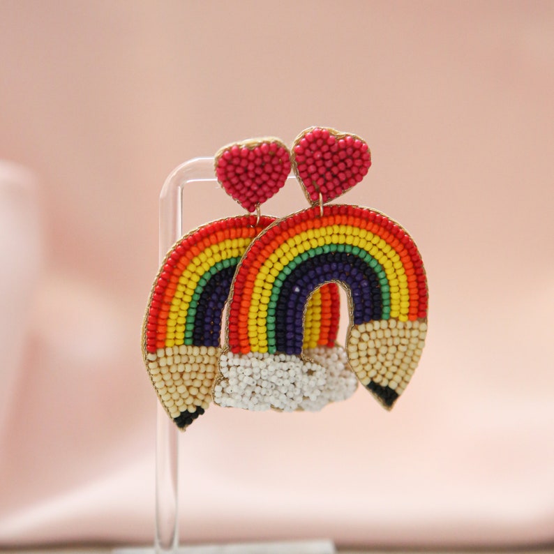Teacher Rainbow Love Pencil Seed Beaded Earrings