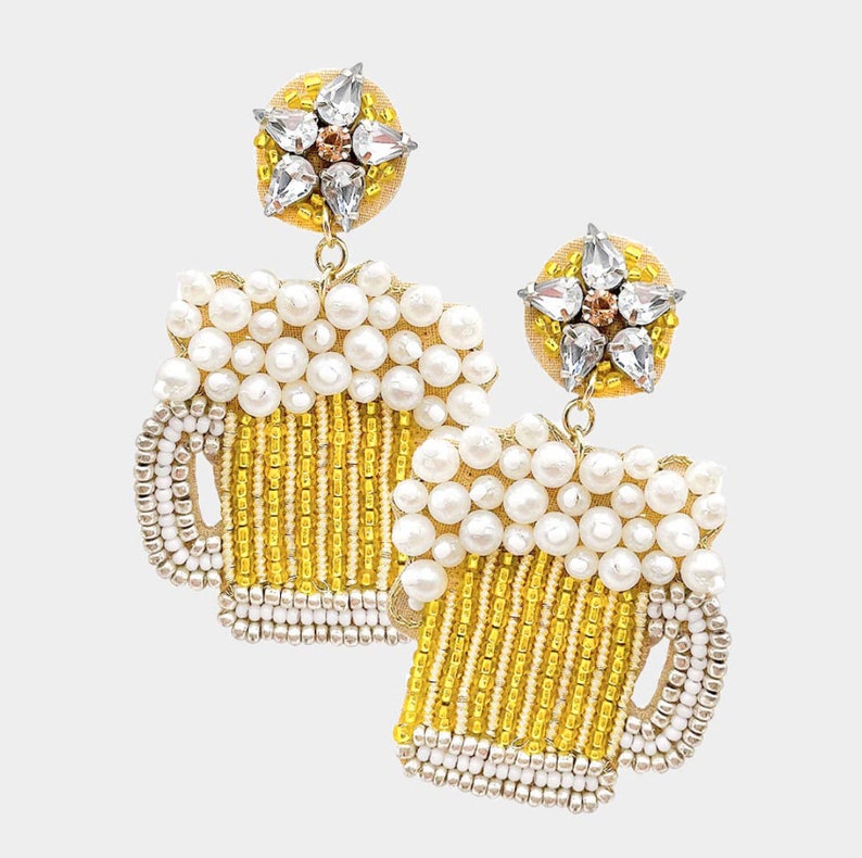 Sudsy Beer Mug Pearl Beaded Crystal Top Earrings