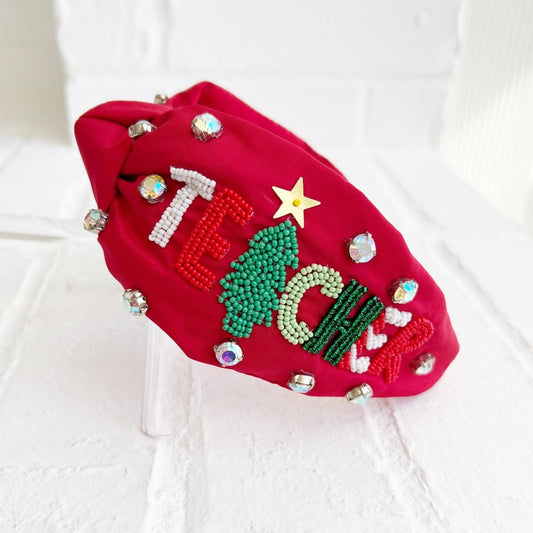 TEACHER Christmas Beaded Crystal Top Knot Headband