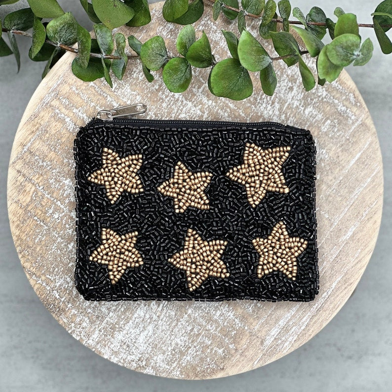 Gold Sparkle Stars Beaded Storage Pouch