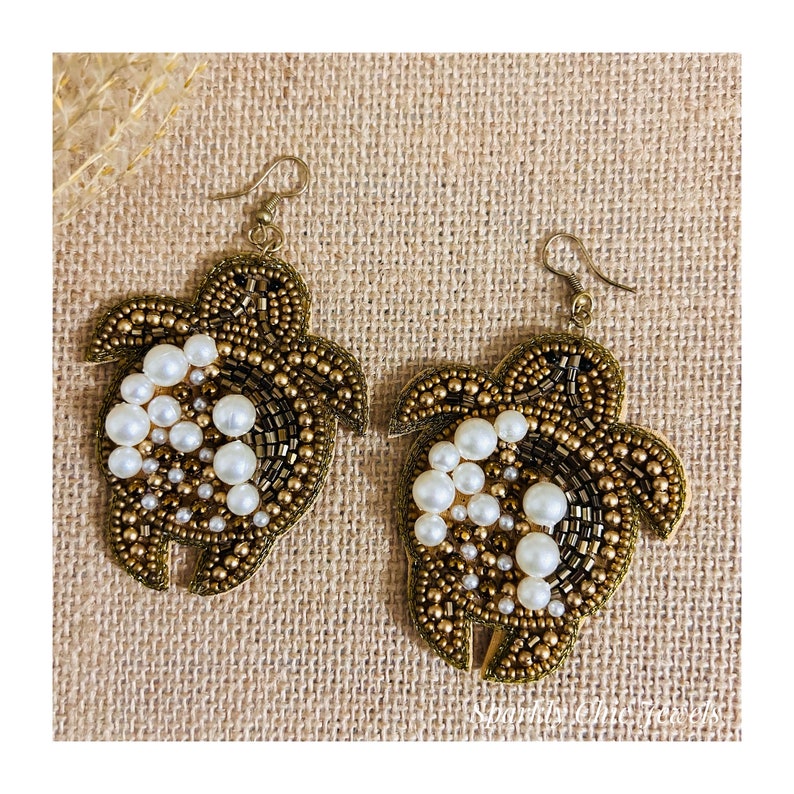 Beaded Pearl Accent Gold Sea Turtle Earrings