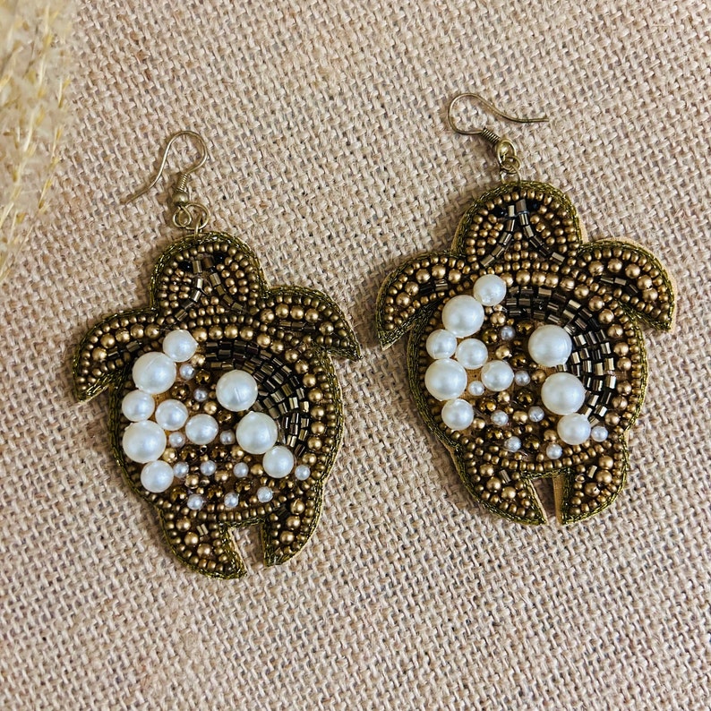 Beaded Pearl Accent Gold Sea Turtle Earrings