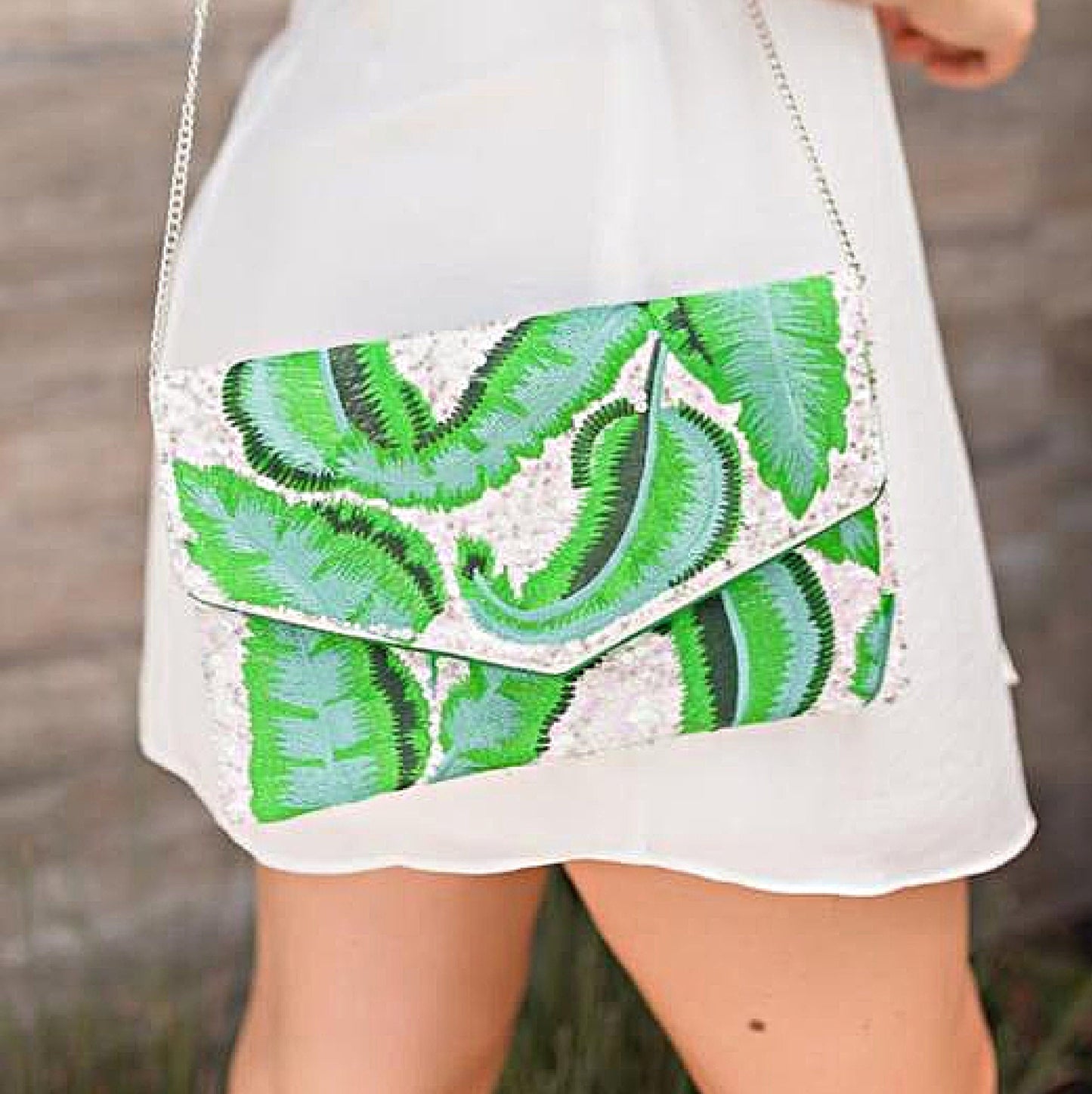 Tropical Leaf Seed Bead Sequin Crossbody Clutch Handbag