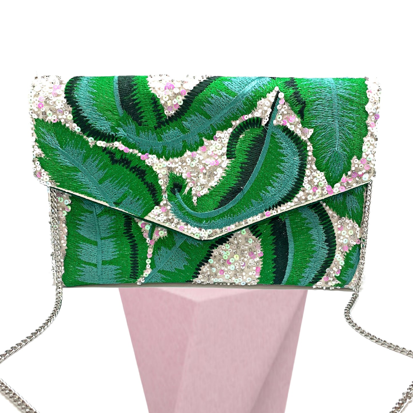 Tropical Leaf Seed Bead Sequin Crossbody Clutch Handbag