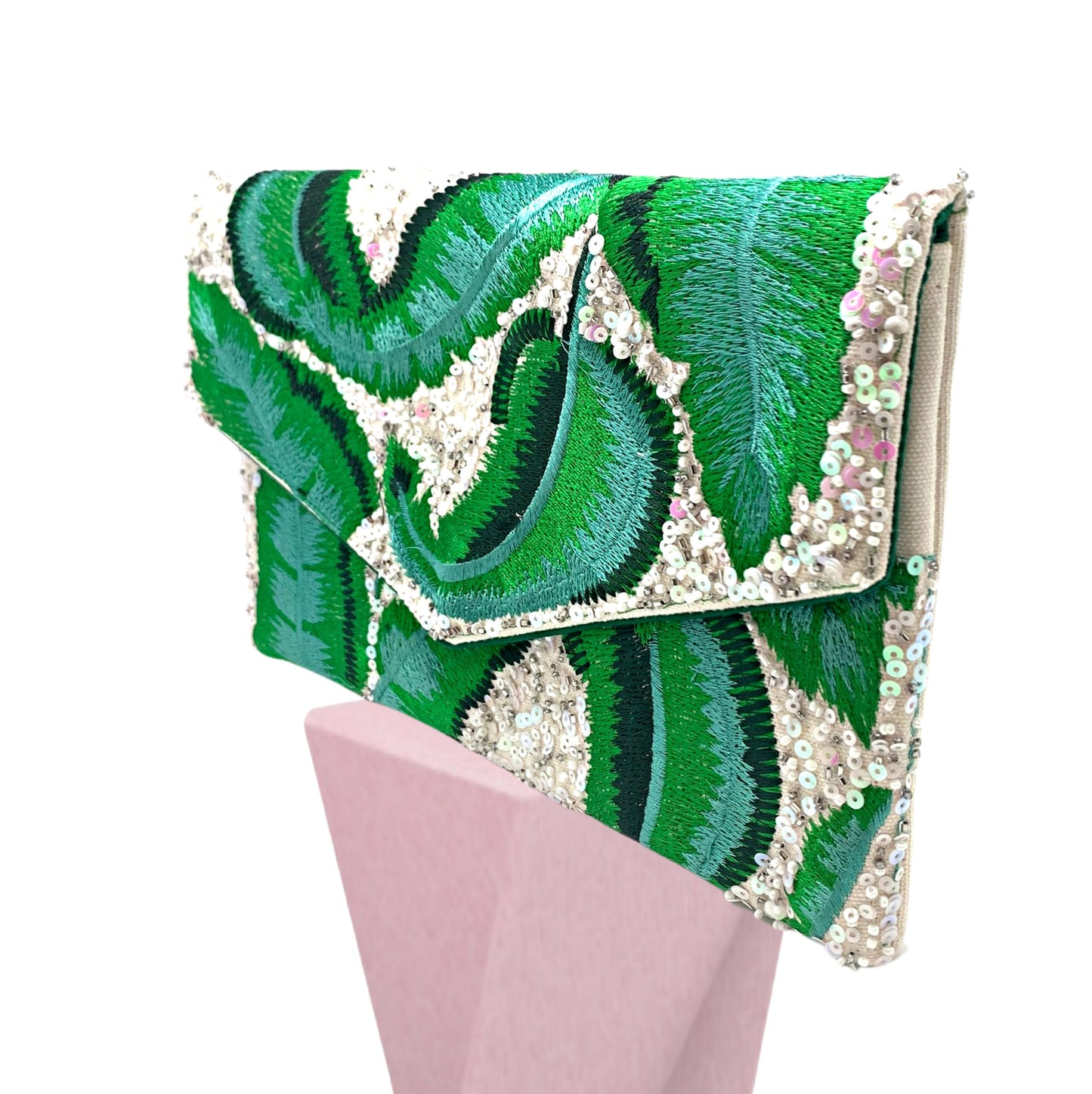 Tropical Leaf Seed Bead Sequin Crossbody Clutch Handbag
