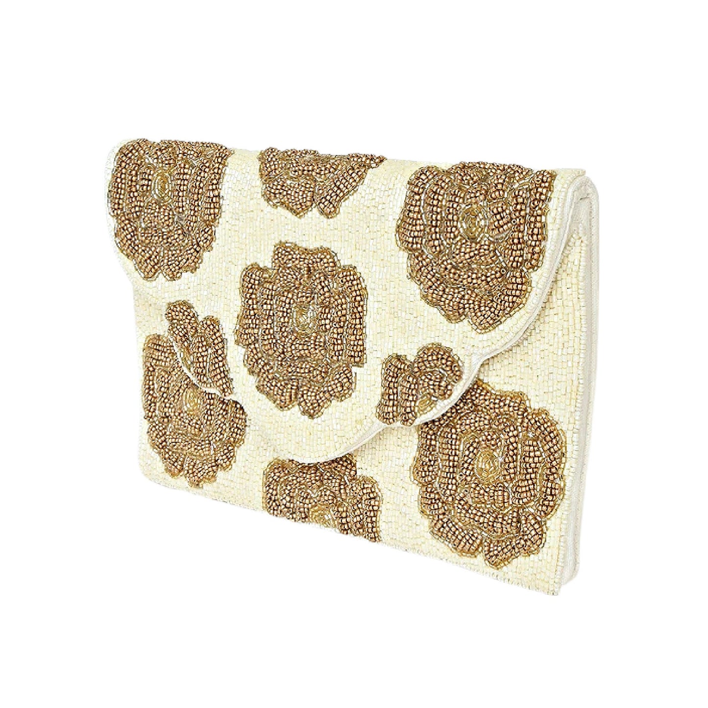 White Gold Rose Beaded Crossbody Clutch Handbag