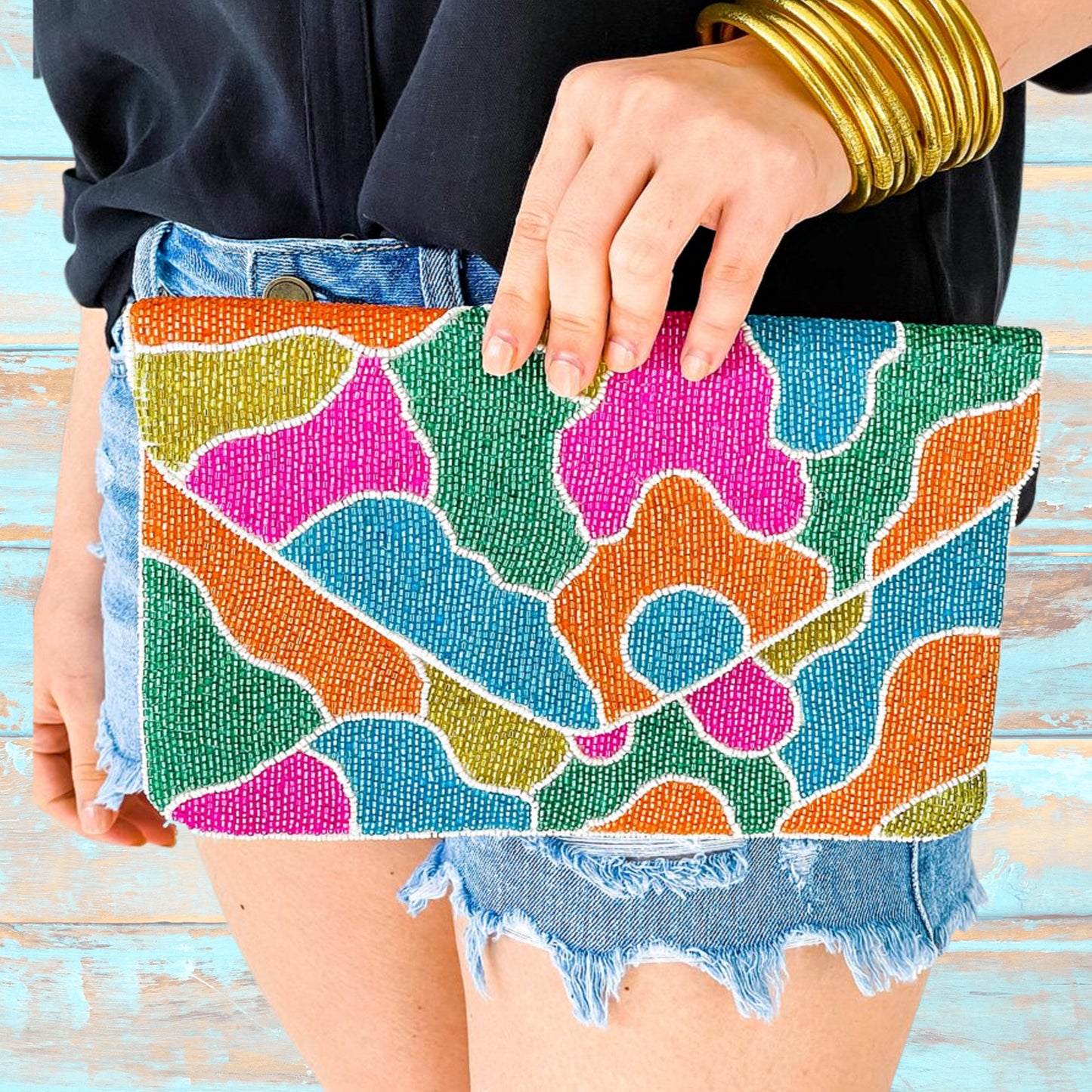 Kaleidoscope Camo Beaded Crossbody Clutch Handbag