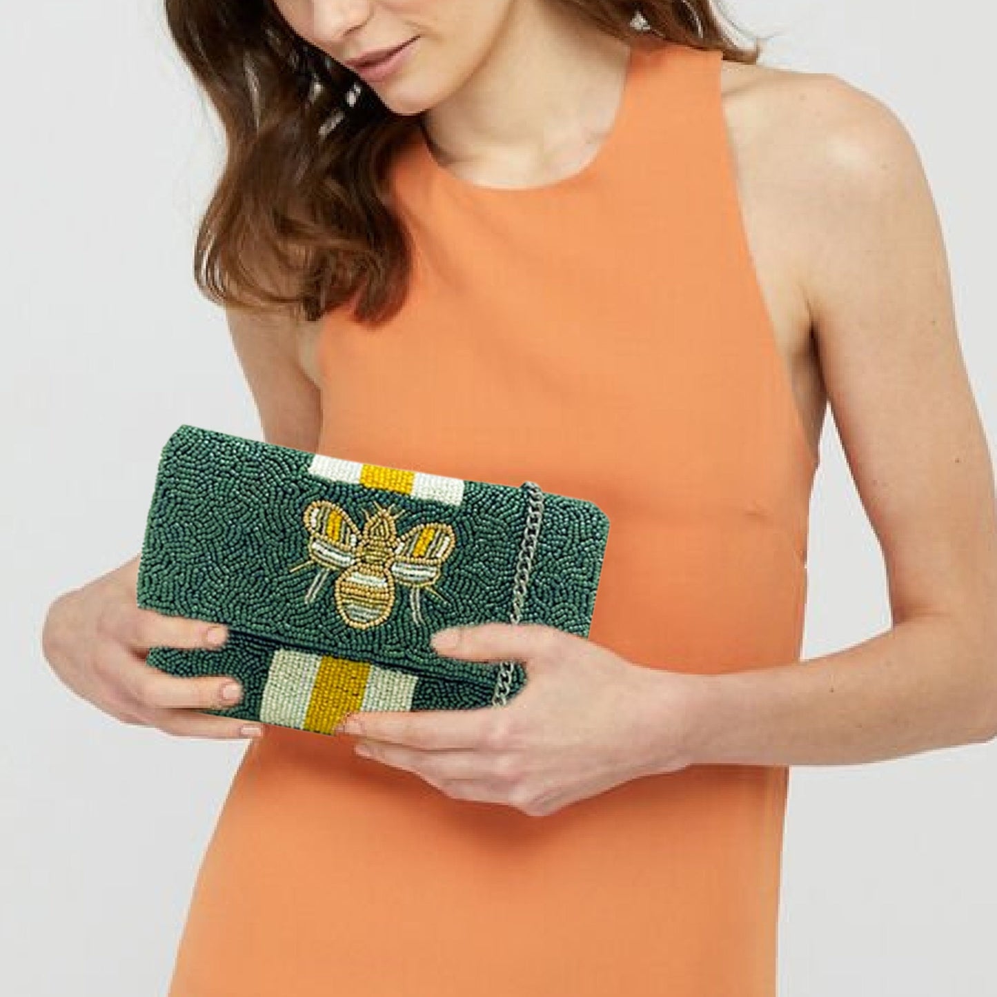 Green Yellow Striped Bee Beaded Crossbody Clutch Handbag