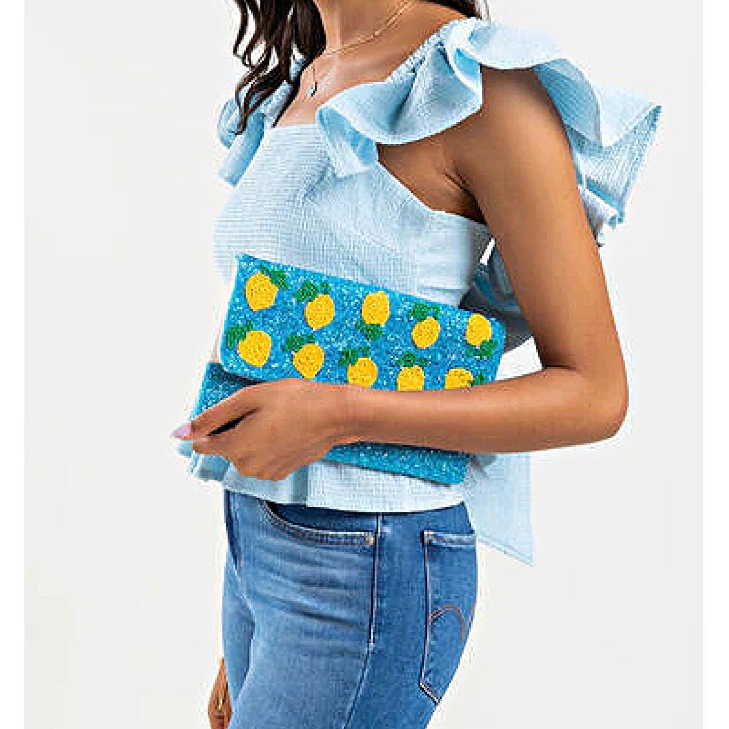 Blue Sky Lemon Beaded Crossbody Clutch Handbag