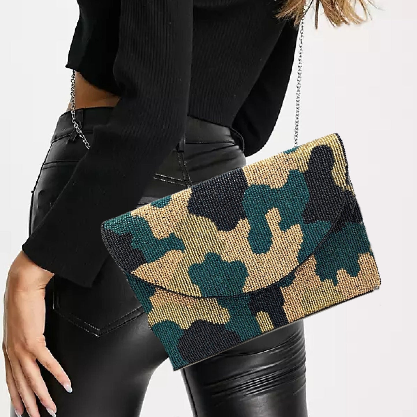 Janie Camo Beaded Crossbody Clutch Handbag