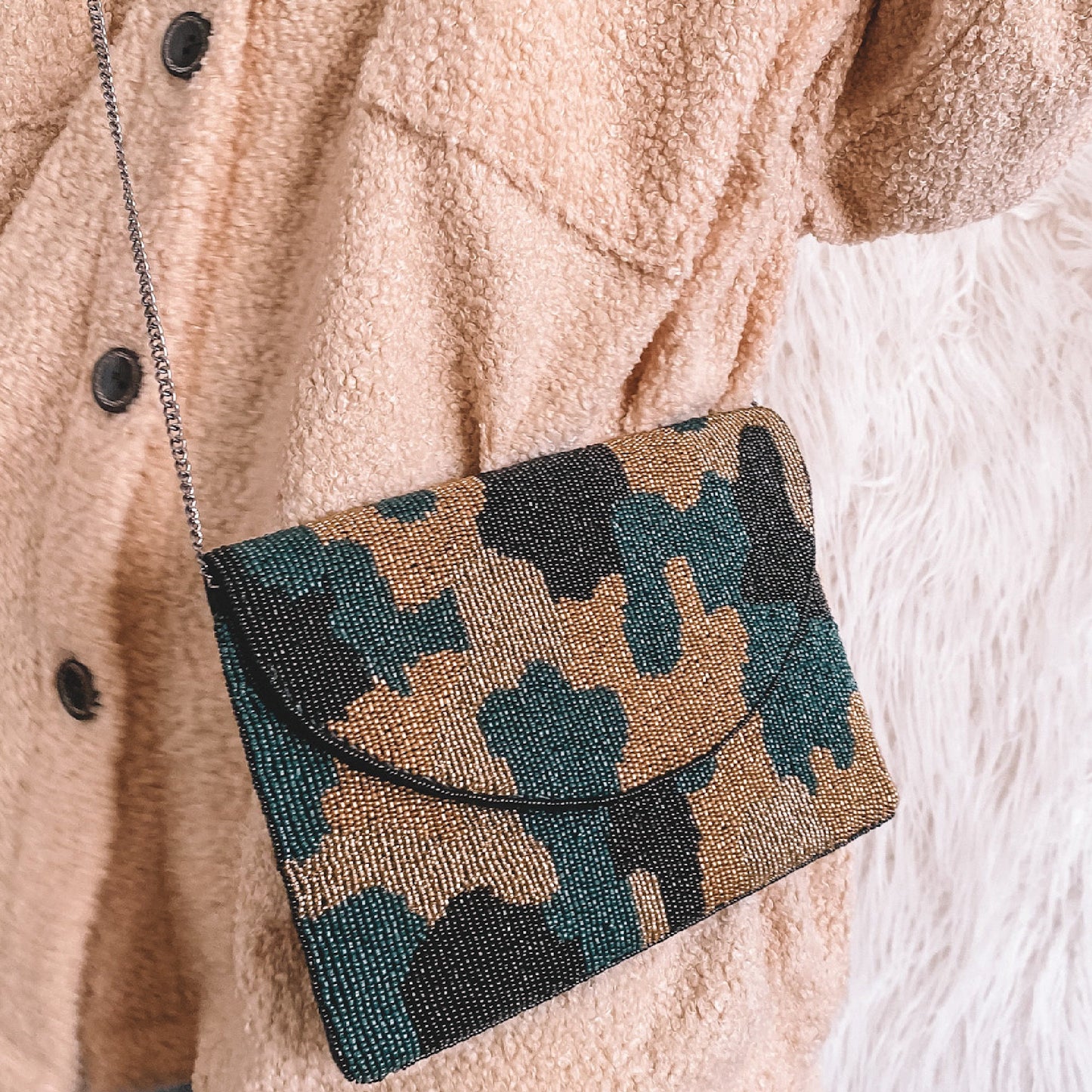 Janie Camo Beaded Crossbody Clutch Handbag