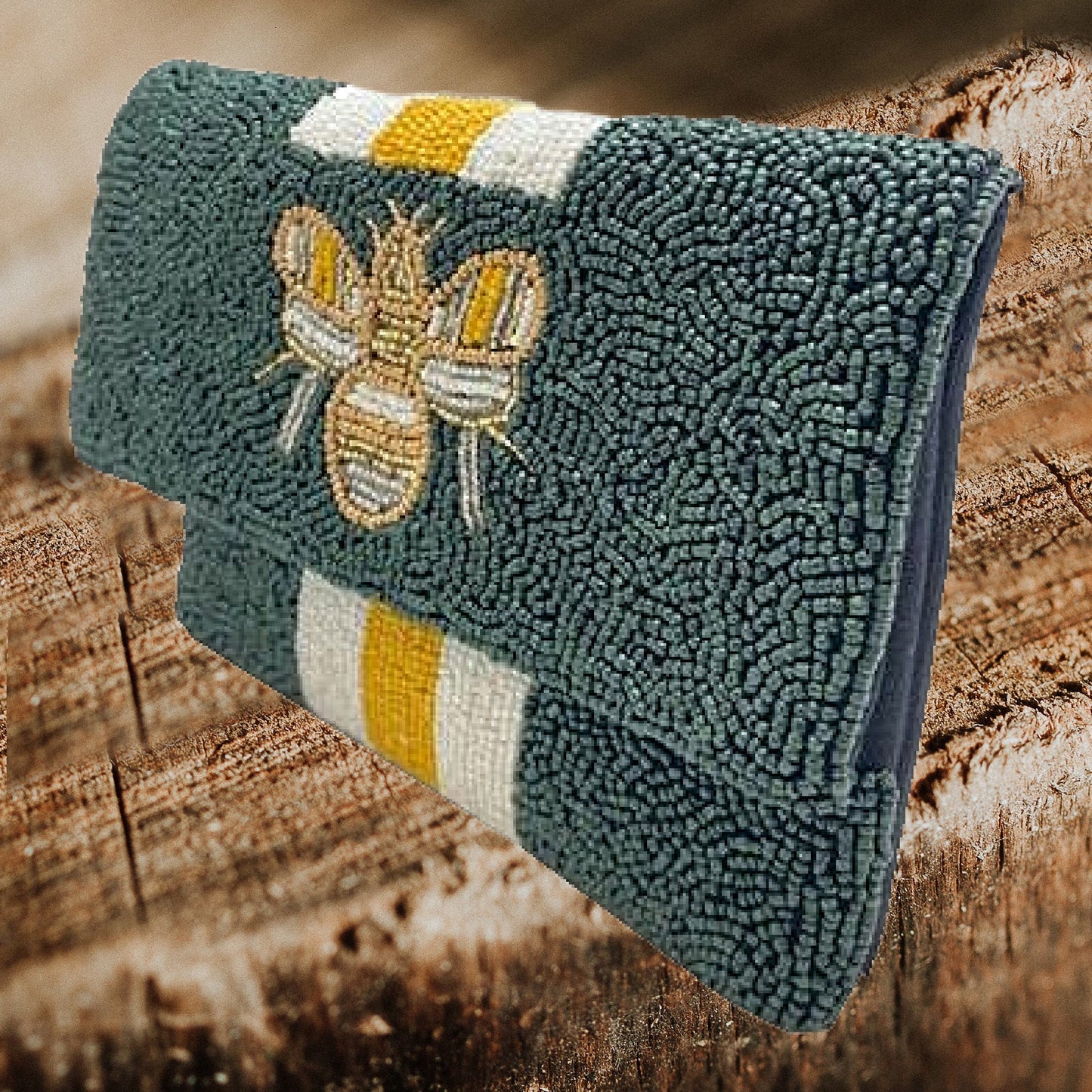 Green Yellow Striped Bee Beaded Crossbody Clutch Handbag