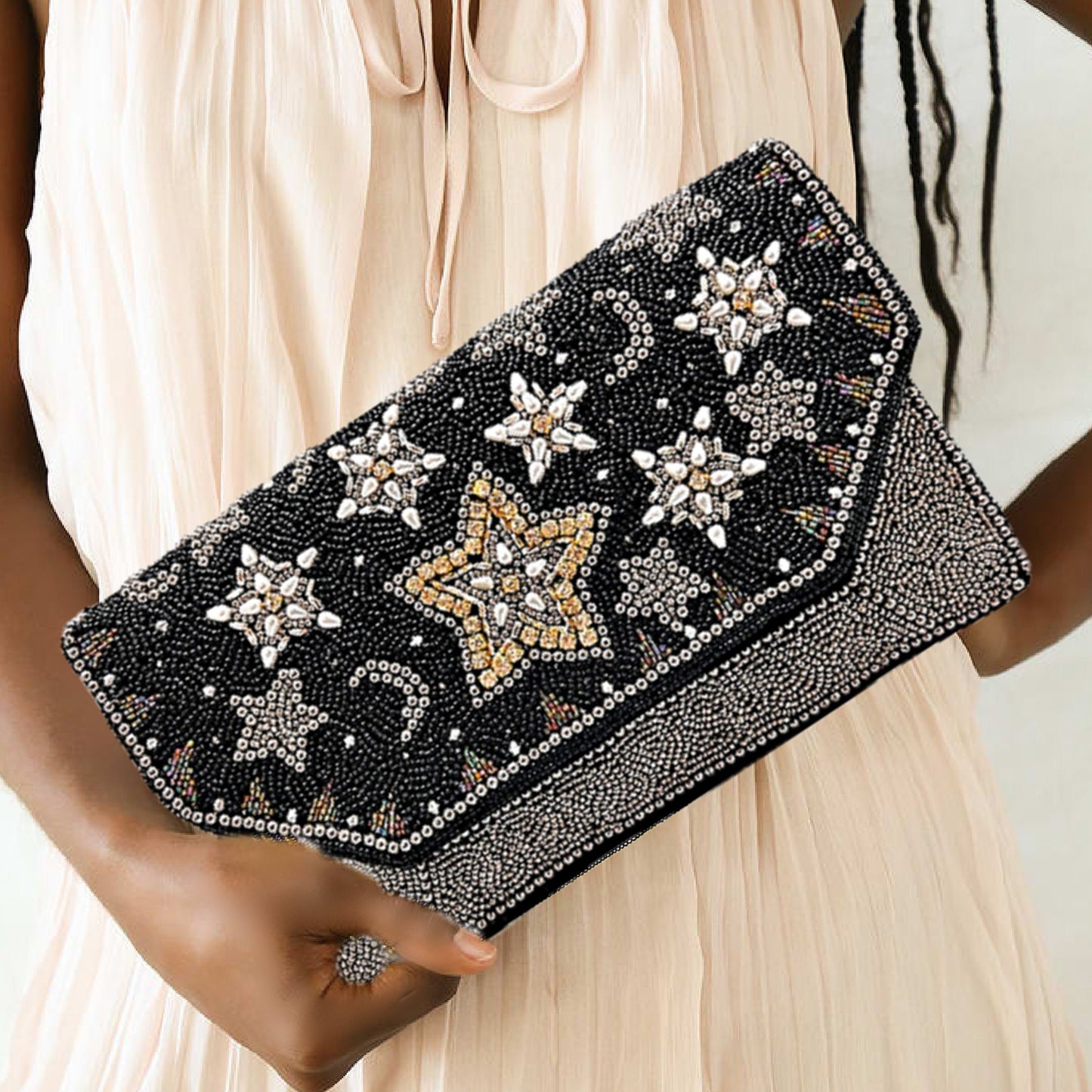 Starry Eyed Seed Beaded Crossbody Clutch Handbag