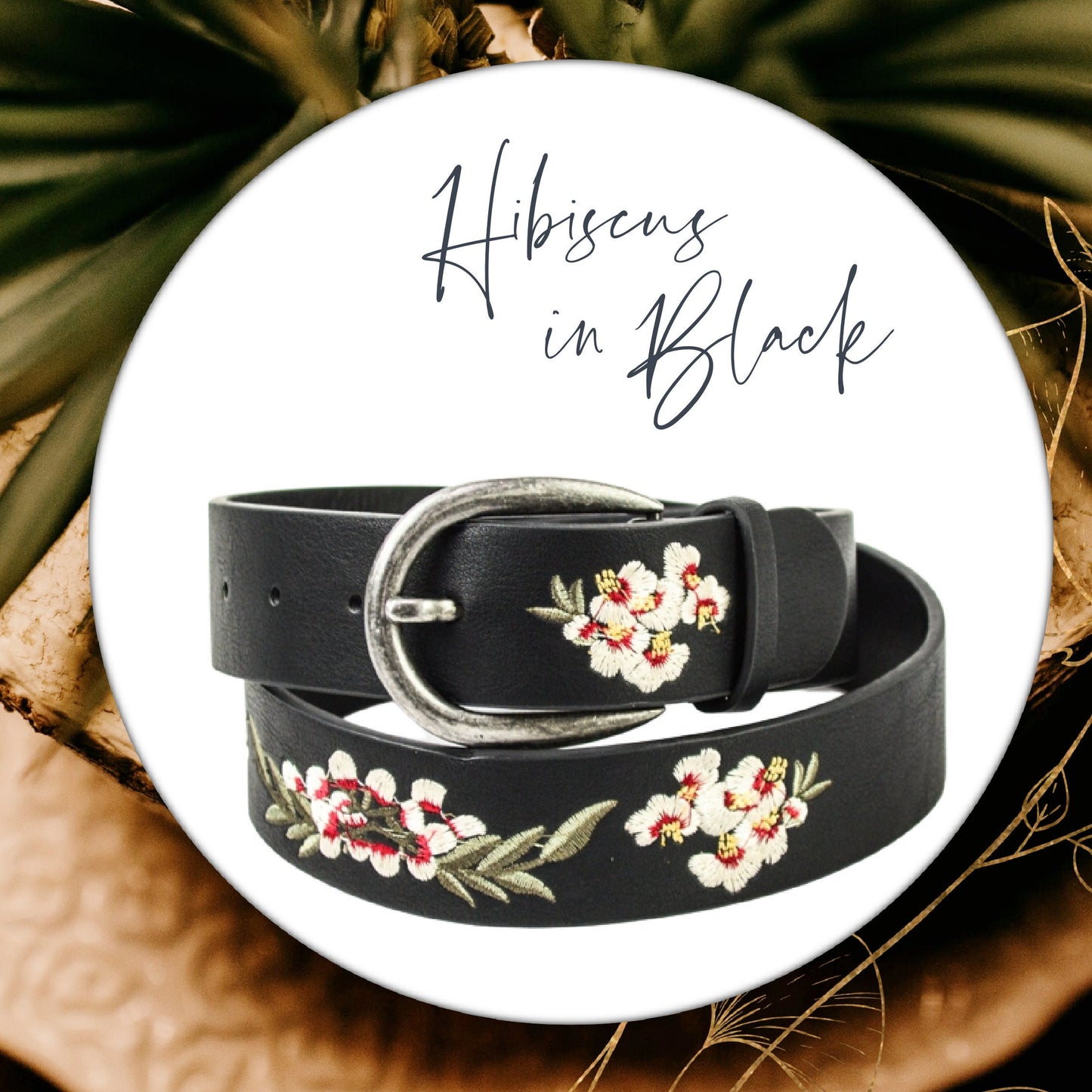 Hand-Embroidered Hibiscus Floral Boho Vegan Leather Buckle Belt