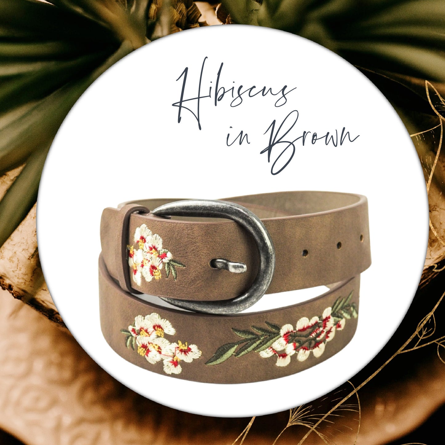 Hand-Embroidered Hibiscus Floral Boho Vegan Leather Buckle Belt