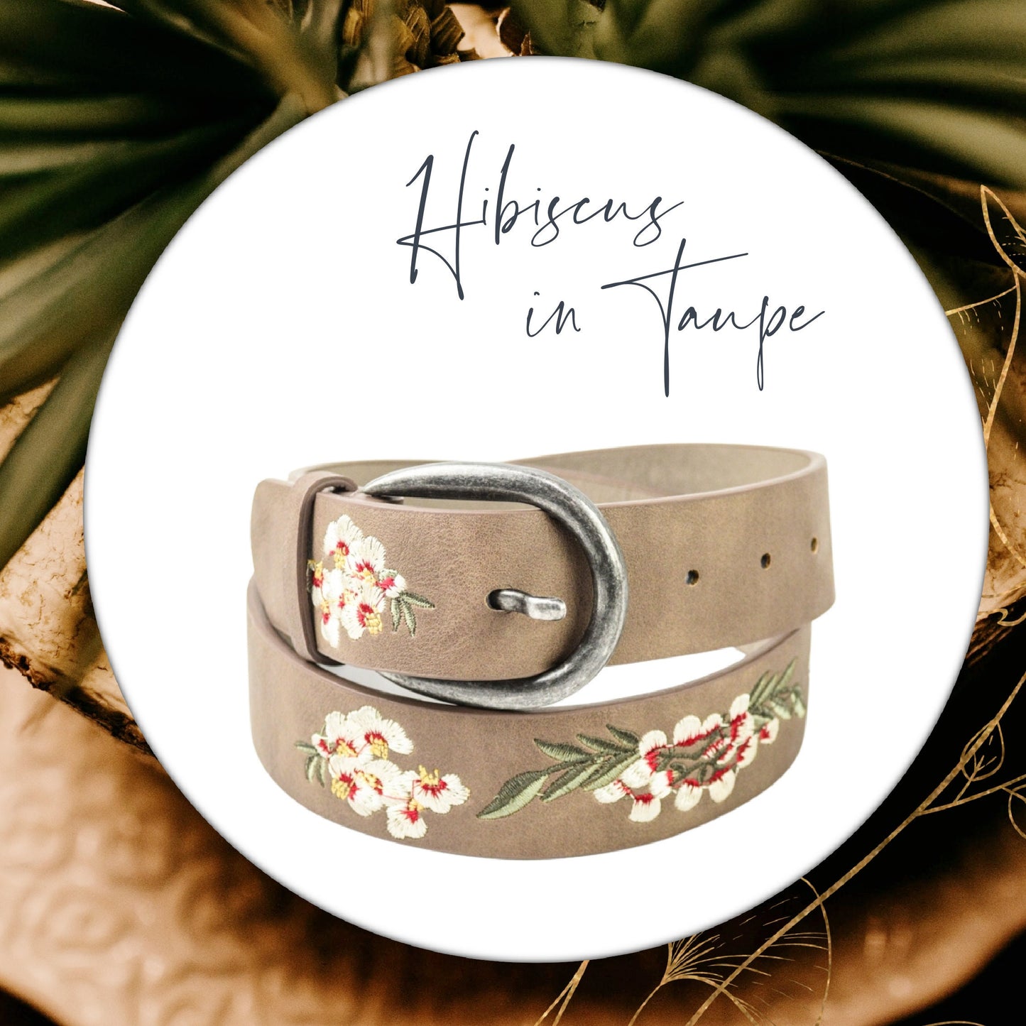 Hand-Embroidered Hibiscus Floral Boho Vegan Leather Buckle Belt
