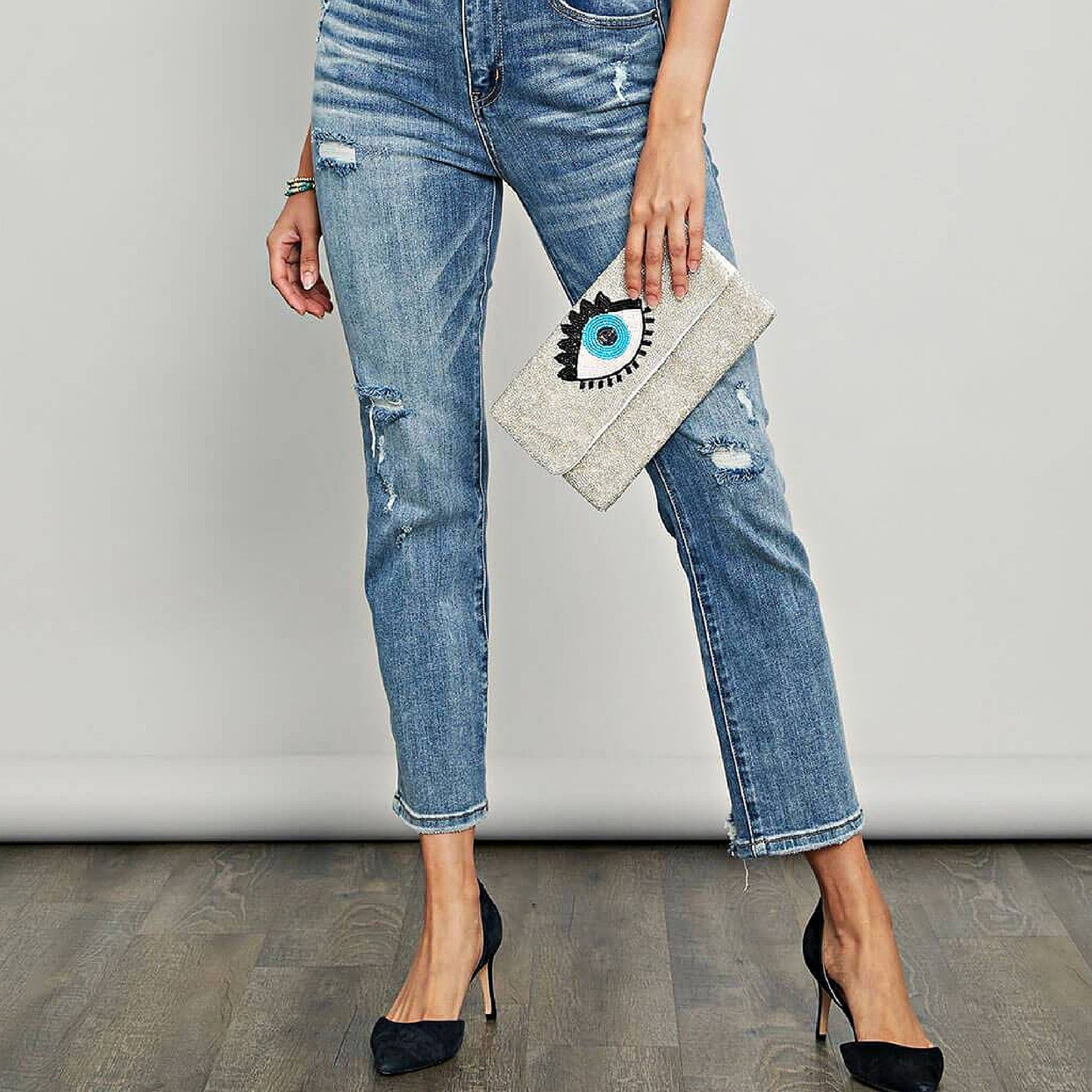 Blue Evil Eye Beaded Crossbody Clutch Handbag