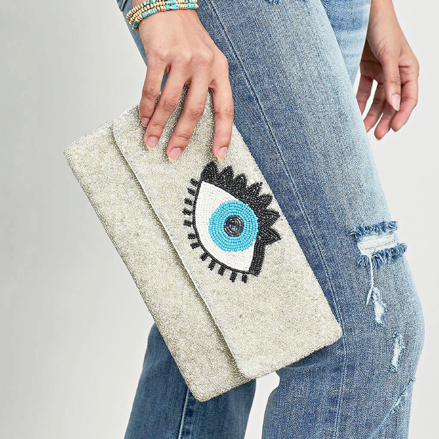 Blue Evil Eye Beaded Crossbody Clutch Handbag